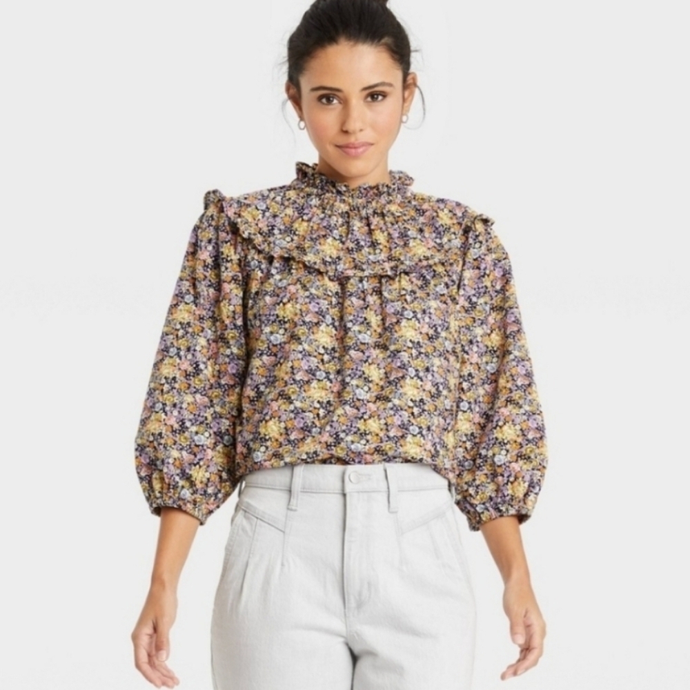 Universal Thread Floral Balloon Sleeve Ruffle Peasant Top Smock Neck L